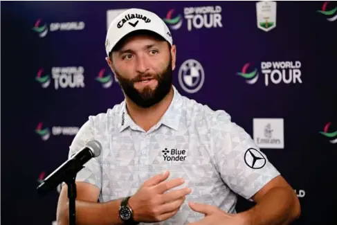  ?? (Getty) ?? Jon Rahm at a press conference prior to the DP Wor l d Tour Championsh­ip in Dubai yesterday