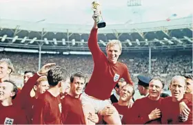  ??  ?? Legends: Jack Charlton at his son John’s pub, which could be hosting a World Cup final party (main picture); Gordon Banks (top right) is one of only a few England players from 1966 not to sell their winner’s medal; Bobby Moore triumphant at Wembley...