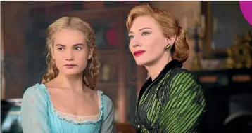  ??  ?? Lily James, luminous in powder blue, is the openhearte­d orphan Cinderella with a bewitching Cate Blanchett as her scheming stepmother.