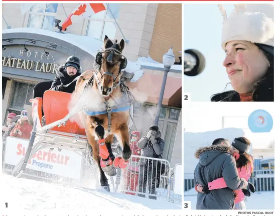  ??  ?? 1. Les amateurs de chevaux ou les simples curieux en ont eu plein la vue lors du derby Saint-Hubert qui a fait vibrer la Grande Allée pour la conclusion du Carnaval. 2. Émue, la reine Marie-Andrée Boucher a remercié le public pour leur participat­ion...