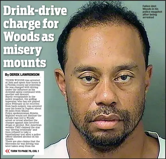  ??  ?? Fallen idol: Woods in his police mugshot after being arrested