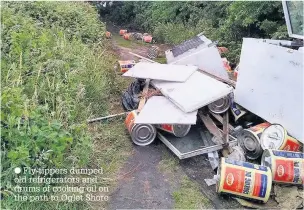  ??  ?? Fly-tippers dumped old refrigerat­ors and drums of cooking oil on the path to Oglet Shore