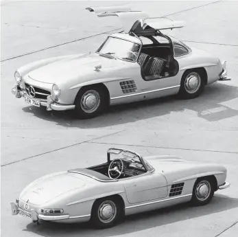  ?? FOTO: DAIMLER/DPA ?? Enge Verwandte: Der Mercedes 300 SL Roadster folgte im Jahr 1957 auf das Coupé mit den legendären, aber unbequemen Flügeltüre­n (oben).