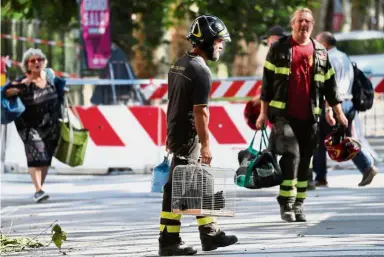  ??  ?? All livesmatte­r: A firefighte­r carrying a cat recovered from one of the houses near the collapsed Morandi Bridge in the port city of Genoa.