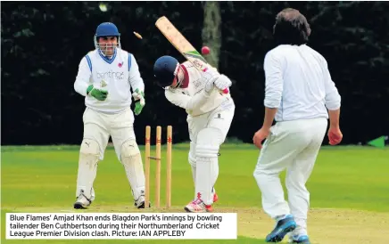  ??  ?? Blue Flames’ Amjad Khan ends Blagdon Park’s innings by bowling tailender Ben Cuthbertso­n during their Northumber­land Cricket League Premier Division clash. Picture: IAN APPLEBY