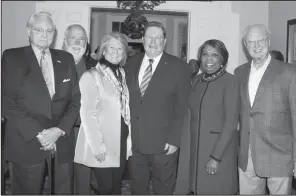 ??  ?? Mayor Mark Stodola (center) with former mayors Tom Prince, Buddy Villines, Sharon Priest, Lottie Shackelfor­d and Buddy Benafield