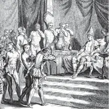  ??  ?? Distanciat­ion sociale. Rencontre laborieuse entre le roi de Calicut et le navigateur, qui fut notamment obligé de céder au rituel de la cour consistant à se couvrir la bouche de sa main.
