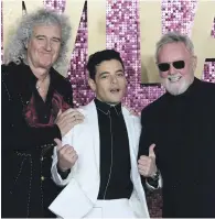  ?? EPA; Twentieth Century Fox; AFP ?? Clockwise from below: Rami Malek, centre, at the world premiere of ‘Bohemian Rhapsody’ with Queen members Brian May, left, and Roger Taylor; a still from the movie with Malek as Freddie Mercury; the real Mercury on at a Queen concert in Paris, 1984