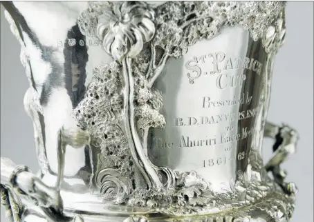 ?? PHOTO / SUPPLIED ?? The elaboratel­y engraved St Patrick Cup was presented by B D Danvers, Esquire to the Ahuriri Race Meeting of 1861-62.