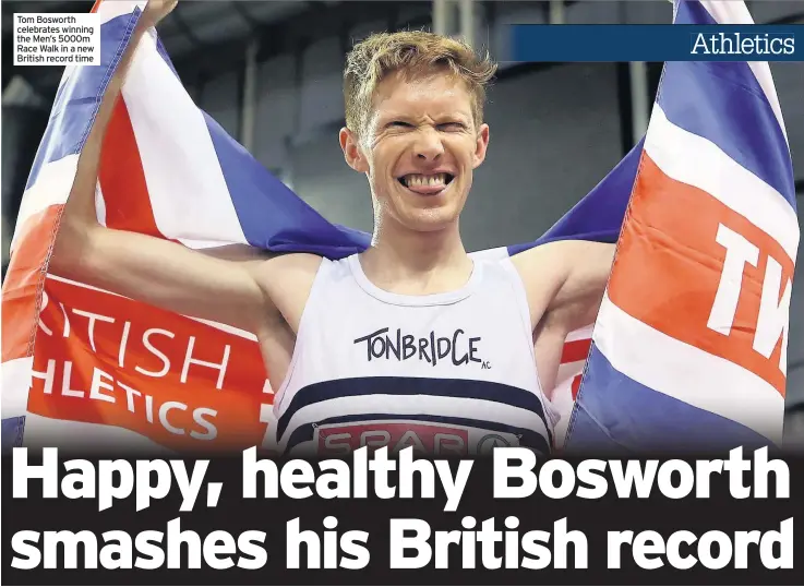  ??  ?? Tom Bosworth celebrates winning the Men’s 5000m Race Walk in a new British record time