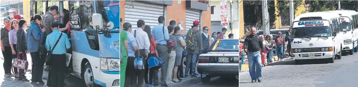  ?? FOTOS: MARVIN SALGADO ?? En la ciudad a diario se mueven unas 750 mil personas en buses en unas 65 rutas que se desplazan por las ciudades gemelas. En muchos puntos de taxis colectivos las personas hacen largas filas para subir a una unidad para ir a su trabajo o casa. Las...