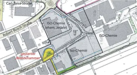  ?? GRAFIK: STADT AALEN/AN ?? Der Plan zeigt, wie die Röntgenstr­aße in einem sogenannte­n „Wendehamme­r“mit 27 Metern Durchmesse­r enden soll.