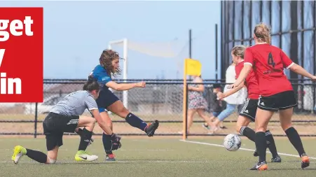  ??  ?? SO CLOSE: Galaxy’s Lujeyn Al-Huneidi beats keeper Alyssa Dall'Oste but missed this shot on goal. Pictures: PETER RISTEVSKI