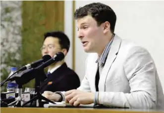  ??  ?? PYONGYANG: In this Feb 29, 2016 photo, American student Otto Warmbier cries while speaking to reporters. — AP