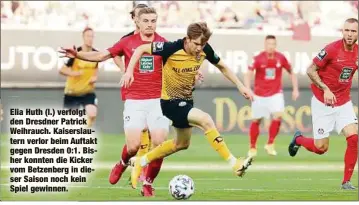  ??  ?? Elia Huth (l.) verfolgt den Dresdner Patrick Weihrauch. Kaiserslau­tern verlor beim Auftakt gegen Dresden 0:1. Bisher konnten die Kicker vom Betzenberg in dieser Saison noch kein Spiel gewinnen.