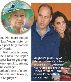  ??  ?? Meghan’s jealousy of sister-in-law Kate has caused a rift between Harry and his brother, Prince William — and Queen Elizabeth is concerned