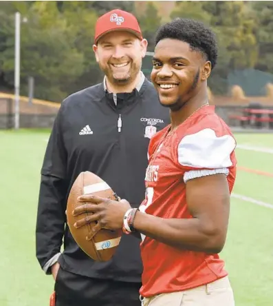  ?? MATT BUTTON/BALTIMORE SUN MEDIA ?? Concordia Prep’s Deonte’ Ferguson, seen with coach Josh Ward, will attend Palmetto Prep in South Carolina in the fall.