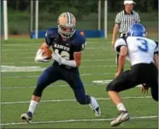  ??  ?? CR South senior Christian Crane (L) scored on a pair of touchdown runs last Friday in Bensalem though the Owls emerged with the win.