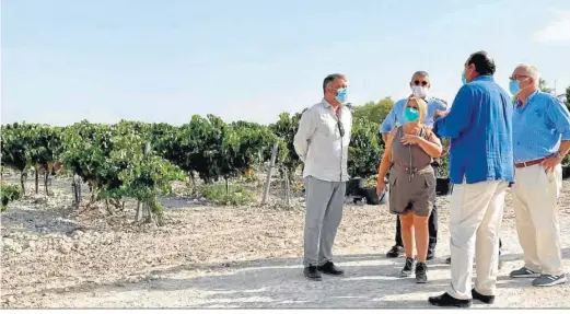  ??  ?? La alcaldesa de Jerez, Mamen Sánchez, acompañada del presidente del Consejo Regulador y de representa­ntes de Bodegas Estévez, ayer en Viña Bristol.