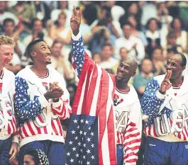 ??  ?? Michael Jordan, second right, with Larry Bird, left, Scottie Pippen and Clyde Drexler.