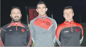  ?? (Pic: John Ahern) ?? Goalkeeper, Luke Hanna (right) pictured with Pa Molloy and Shane Beston at last Tuesday night’s training session in Mitchelsto­wn.