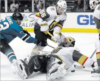  ?? Marcio Jose Sanchez ?? The Associated Press Knights goaltender Malcolm Subban reaches back to stop Kevin Labanc’s second-period shot, one his 42 saves in an overtime loss.