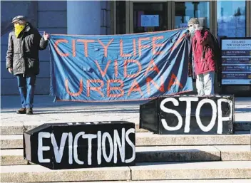  ?? MICHAEL DWYER AP FILE ?? Advocates for tenants’ rights rally in front of the Edward W. Brooke Courthouse in Boston in January. The Biden administra­tion is extending a federal moratorium on evictions of tenants during the pandemic.