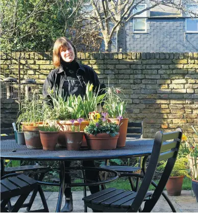  ??  ?? iAlice Vincent, above, in her new back garden where her burgeoning collection of spring pots, far right, can be displayed on an outdoor table
