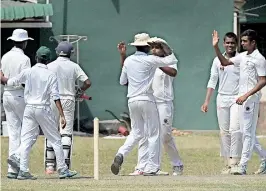  ??  ?? Zahira bowler Hashmi Hussain celebrates a wicket. Pic by Amila Gamage