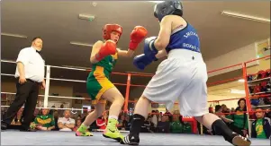  ??  ?? Daina Moorehouse (green) in action in Arklow Boxing Club last Saturday.