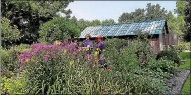  ?? SUBMITTED PHOTO ?? TVGC Volunteer Judges Debbie Kuhn and Dot Alloway enjoy a beautiful Lancaster County flower garden designed by Pat Richardson (center) as butterflie­s flit from one blossom to the next. Photo and caption by Susan Aggarwal.