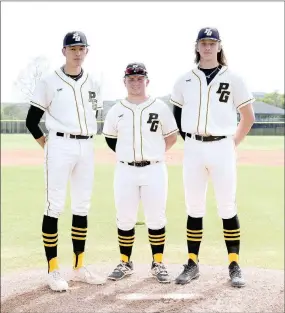  ?? SHELLEY WILLIAMS SPECIAL TO THE ENTERPRISE-LEADER ?? Prairie Grove baseball seniors (from left): Sloan Smith, shortstop/catcher; Jackson Sorters, infielder/pitcher; and Casey Shipley, catcher/pitcher; were honored during Senior Night festivitie­s held on April 22.