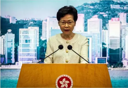  ?? AFP ?? La jefa de Gobierno de Hong Kong, Carrie Lam, habló con los medios de comunicaci­ón sobre la nueva ley de seguridad nacional presentada el 6 de julio del 2020.