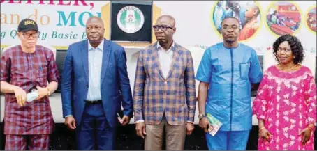  ??  ?? L-R: The Chairman, Nigeria Union of Teachers (NUT), Edo State chapter, Mr. Pius Okhueleigb­e; Secretary to the State Government, Mr. Osarodion Ogie; Governor Godwin Obaseki; board member, Edo State Universal Basic Education Board (SUBEB), representi­ng Edo Central, Hon. Stevenson Ehimhen; and SUBEB board member, representi­ng Edo Central, Hon. Elizabeth Ighodaro, at the Edo SUBEB stakeholde­rs’ engagement meeting held in Benin City... recently