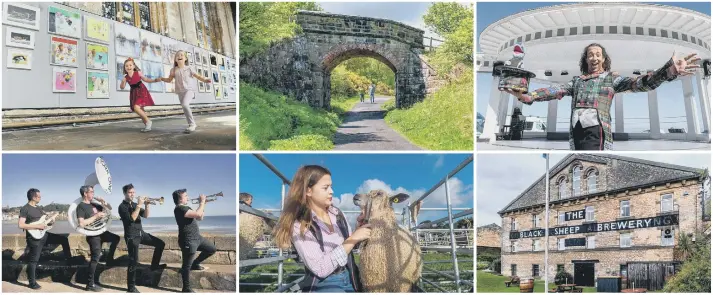  ?? ?? Clockwise from top left: Great North Art Show at Ripon Cathedral; cinder track at Ravenscar; The Rock Showman Steve Cousins, host of Yorkshire Fossil Festival in Scarboroug­h; Black Sheep Brewery; Nidderdale Show and Scarboroug­h Jazz Festival