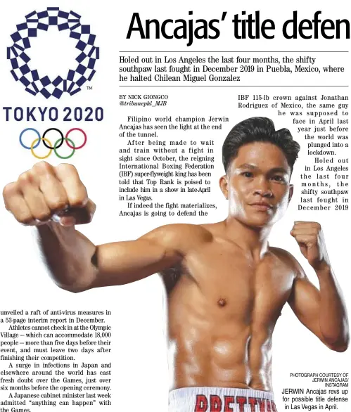  ?? PHOTOGRAPH COURTESY OF JERWIN ANCAJAS/ INSTAGRAM ?? JERWIN Ancajas revs up for possible title defense in Las Vegas in April.