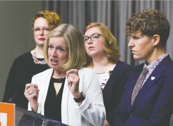 ?? GREG SOUTHAM ?? NDP Leader Rachel Notley urges the government to reject a recommenda­tion in a review of Alberta Health Services that characteri­zes certain medical procedures as of limited value. Behind her are Shannon Belanger, who needs breast reduction surgery, Jana Haveman and Janis Irwin.