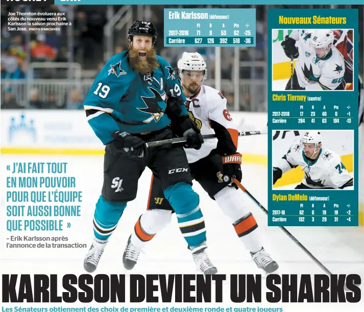  ?? PHOTO D’ARCHIVES ?? Joe Thornton évoluera aux côtés du nouveau venu Erik Karlsson la saison prochaine à San Jose.