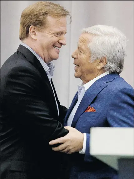  ?? — AP FILES ?? NFL commission­er Roger Goodell, left, shown with Patriots owner Robert Kraft, says there’s a chance quarterbac­k Tom Brady’s suspension in the Deflategat­e scandal may be reduced.