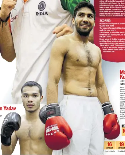  ??  ?? MIDDLE (75KG) The Bhiwani boxer hogged the limelight when he won gold at the 2010 Asian Games at the age of 18. He became the second Indian male boxer after Vijender to win a medal in the world championsh­ips in 2011. AUGUST AUGUST AUGUST AUGUST Manoj...