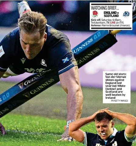  ?? PA/GETTY IMAGES ?? Same old story: Van der Merwe shines against England last year but White (below) and Scotland are well beaten by Ireland