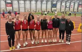  ?? ?? Several Shelby girls track athletes competed in the Ohio Indoor State Meet at SPIRE Institute in Geneva earlier this month. Shown left to right are Kailyn Schwall, Madison, Henkel, Ava Bowman, Jaleeza Zehner, Princess Timko, Kaylin Mahon, Channon Cundiff, Courtney Stiving, Emma Mahek, and Ella Reed.