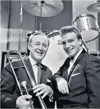 ??  ?? Crossover: Chris Barber with pop singer Frank Ifield, and, top, with Sister Rosetta Tharpe