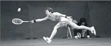  ??  ?? Wimbledon champion Billie Jean King, left, and runner-up Judy Tegartdalt­on on Centre Court after the 1968 final, and King in action in Tokyo 11 years later, above