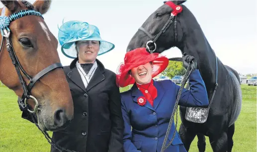  ??  ?? A friendly tap . . . While Jenna Kelly (left) and Arlo pose, Minnie Mows gives Saria Hellyer a love tap while the women from Otautau wait for their next horse event.