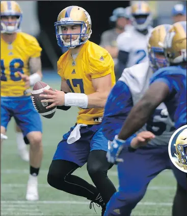  ?? CHRIS PROCAYLO/POSTMEDIA NEWS ?? Chris Streveler handles the ball during practice yesterday. The rookie will open the season on Thursday as the Blue Bombers starting quarterbac­k.
