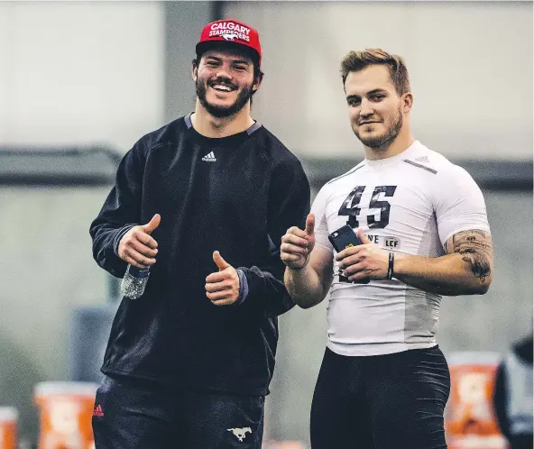  ?? — CFL ?? Calgary linebacker Alex Singleton, left, was on hand in Regina Saturday as his brother participat­ed in the CFL combine.