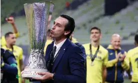  ?? Photograph: Kacper Pempel/AFP/Getty Images ?? Unai Emery with the Europa League trophy, an honour he has won four times in his career.