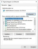  ??  ?? Bij de instelling­en van de interface waar de mirror-switch de data heen stuurt, schakel je alle protocolle­n uit behalve de Npcap-drivers. Op die manier komt er geen dataverkee­r van Windows zelf in de Wireshark-opname terecht.