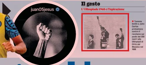  ?? ?? Tommie Smith e John Carlos protestano contro il razzismo sul podio dei 200 metri alle Olimpiadi di Città del Messico nel 1968